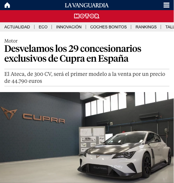 LA VANGUARDIA – Fecosauto Mollet como uno de los 29 concesionarios exclusivos de Cupra en España