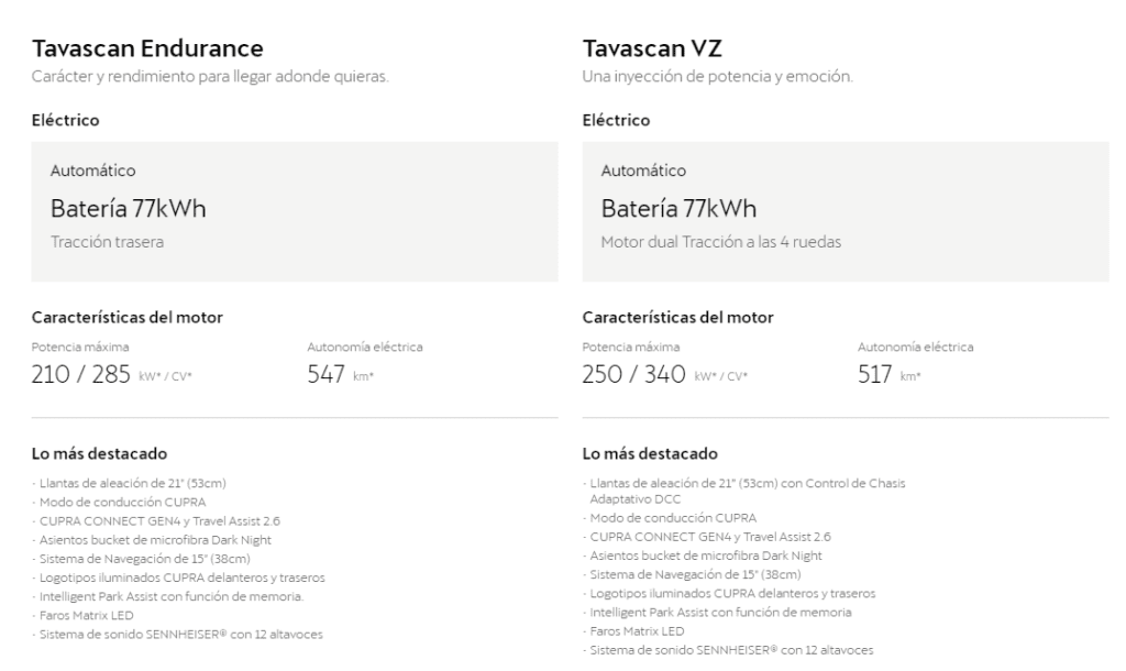 Especificaciones cupra tavascan